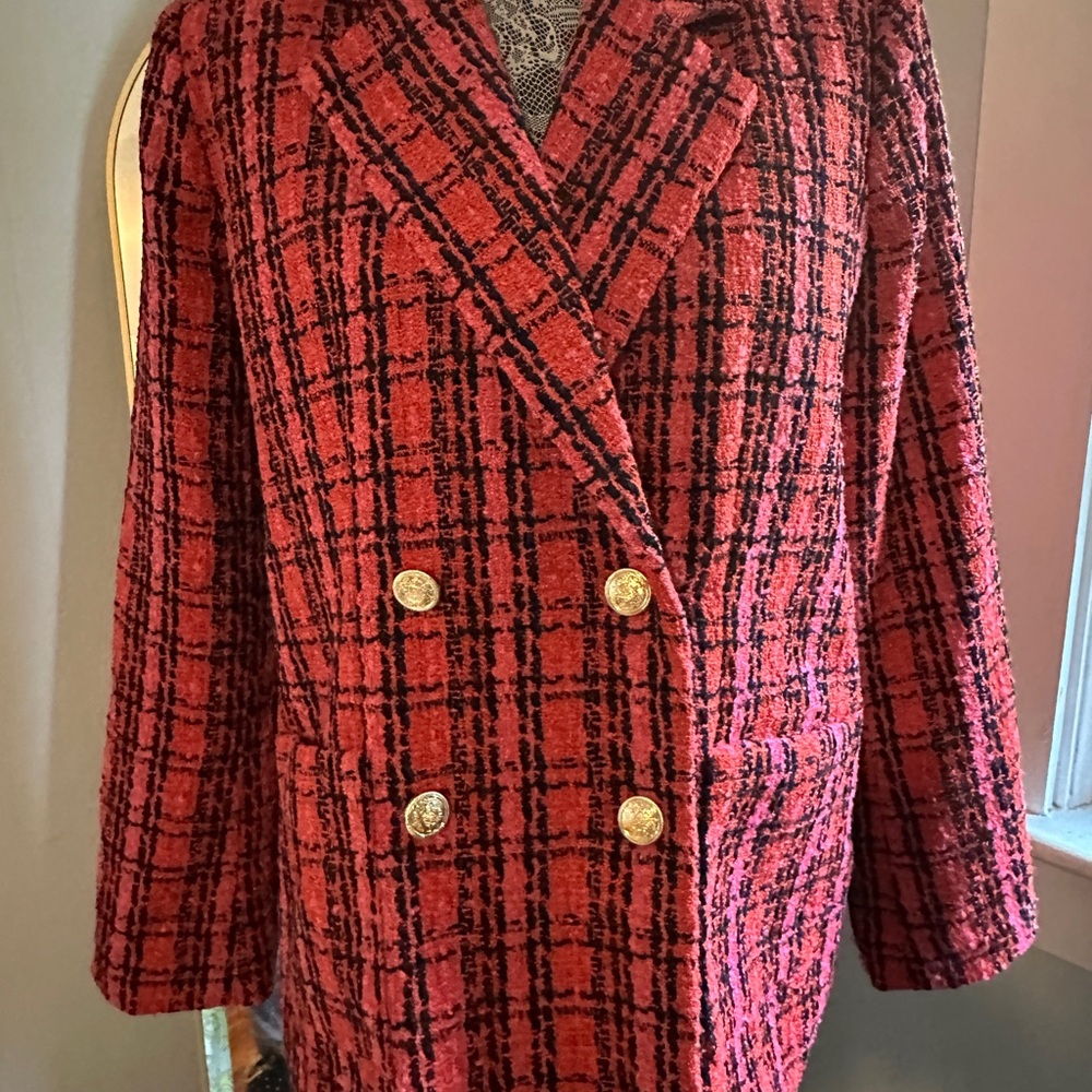 Rachel Zoe Red and Black Plaid Blazer with Gold-Tone Buttons